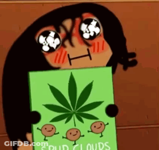 A Cartoon Character Is Holding A Sign With A Marijuana Leaf And Potatoes On It . GIF