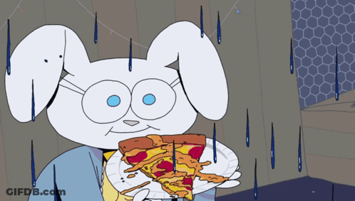 A Cartoon Character Is Holding A Slice Of Pizza GIF