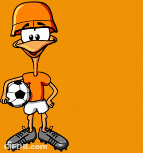 A Cartoon Character Is Holding A Soccer Ball And Says Aanvallen GIF