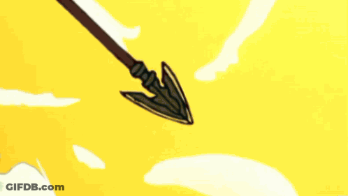 A Cartoon Character Is Holding A Spear In His Hand While Standing In Front Of A Yellow Background . GIF