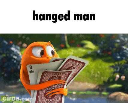 A Cartoon Character Is Holding A Stack Of Playing Cards With The Words Hanged Man Above It GIF