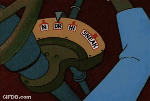 A Cartoon Character Is Holding A Steering Wheel With A Switch That Says Sneak On It . GIF