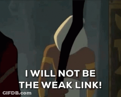 A Cartoon Character Is Holding A Stick And Says " I Will Not Be The Weak Link ! " GIF