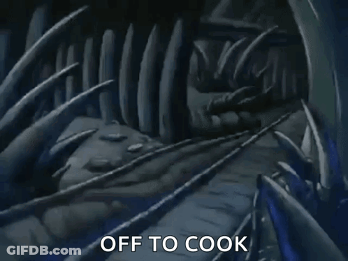 A Cartoon Character Is Holding A Stick And Says `` Off To Cook '' While Walking Through A Cave . GIF