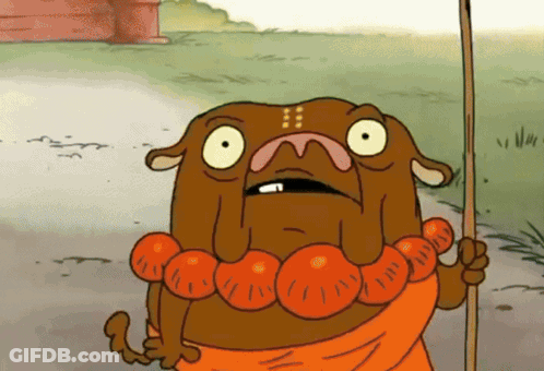A Cartoon Character Is Holding A Stick And Wearing An Orange Necklace GIF