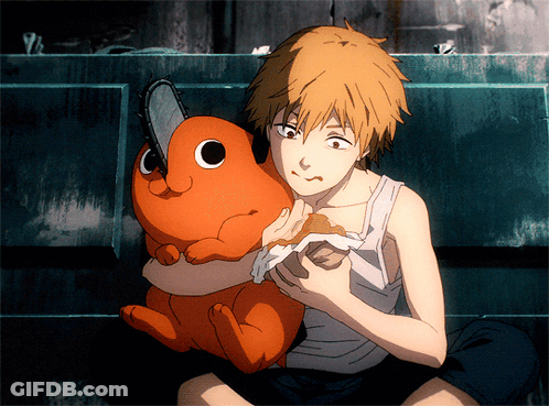 A Cartoon Character Is Holding A Stuffed Animal That Looks Like A Chainsaw GIF