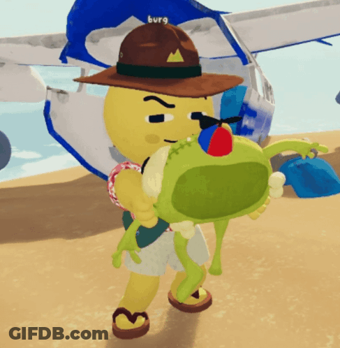 A Cartoon Character Is Holding A Stuffed Animal With The Name Burg On His Hat GIF