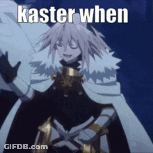 A Cartoon Character Is Holding A Sword And Says ' Caster When ' In White Letters . GIF