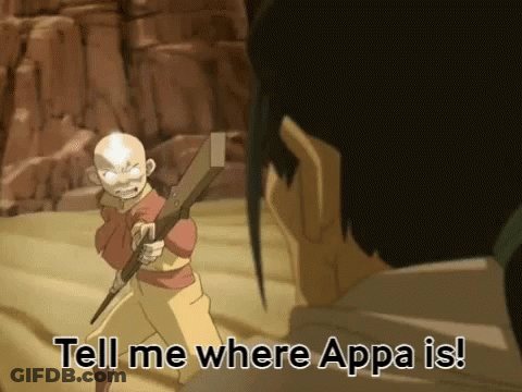 A Cartoon Character Is Holding A Sword And Says Tell Me Where Appa Is . GIF