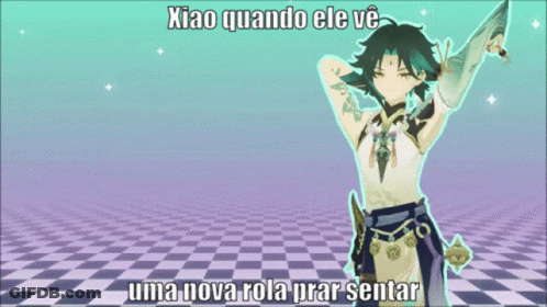 A Cartoon Character Is Holding A Sword And Says Xiao-Quando Ele Ve Uma Nova Rola Prar Sentar GIF