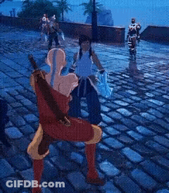 A Cartoon Character Is Holding A Sword And Standing On A Cobblestone Street GIF