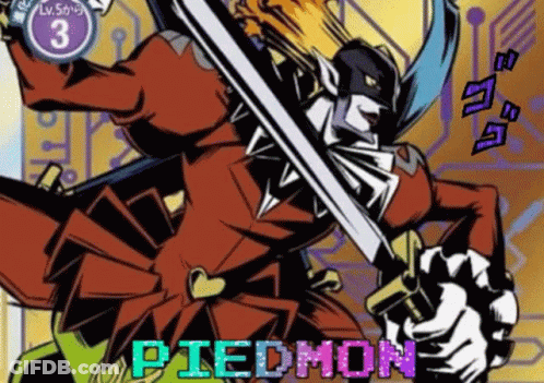 A Cartoon Character Is Holding A Sword And The Word Piedmon Is On The Bottom Of The Image . GIF