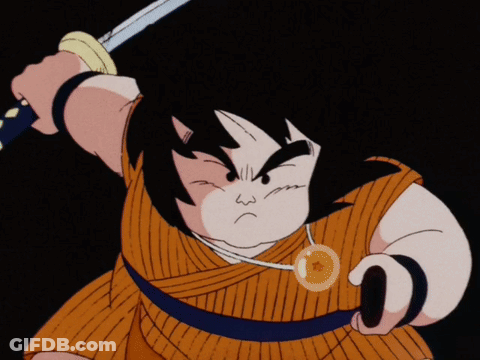 A Cartoon Character Is Holding A Sword And Wearing A Necklace With A Dragon Ball On It GIF