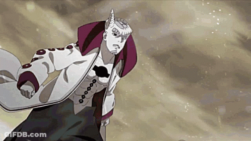 A Cartoon Character Is Holding A Sword And Wearing A White Coat With A Purple Collar . GIF