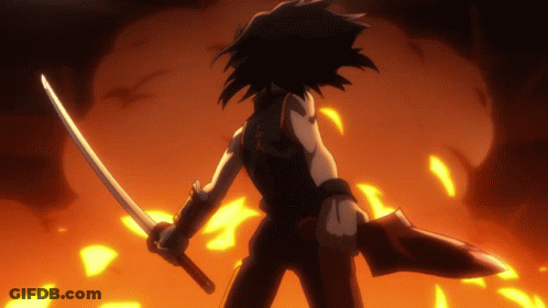 A Cartoon Character Is Holding A Sword In Front Of A Fire GIF