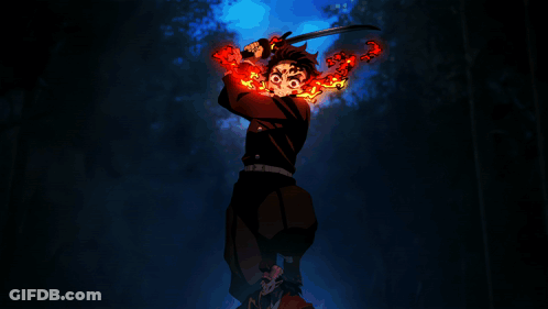 A Cartoon Character Is Holding A Sword In Front Of A Fire GIF