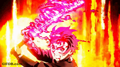 A Cartoon Character Is Holding A Sword In Front Of A Fire . GIF