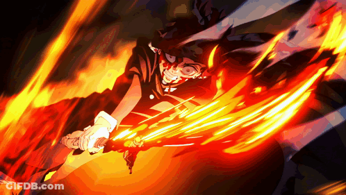 A Cartoon Character Is Holding A Sword In Front Of A Fire GIF
