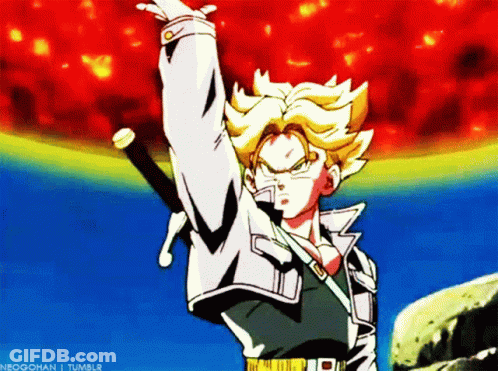 A Cartoon Character Is Holding A Sword In Front Of A Red Background That Says Neogohan I Tumblr GIF