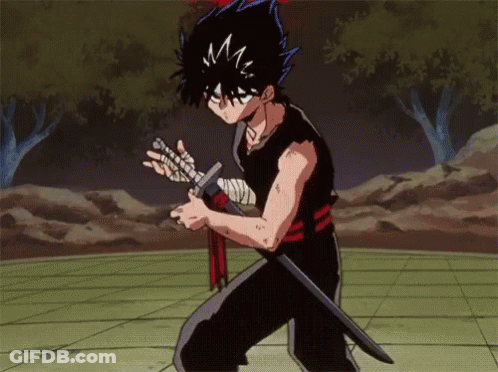 A Cartoon Character Is Holding A Sword In His Right Hand . GIF