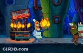 A Cartoon Character Is Holding A Torch In Front Of A Sign That Says " Fresh Torches " GIF