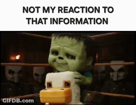 A Cartoon Character Is Holding A Toy Chicken In A Boxing Ring And Says `` Not My Reaction To That Information '' . GIF
