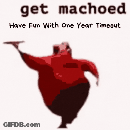 A Cartoon Character Is Holding A Tray And The Words Get Machoed Have Fun With One Year Timeout GIF