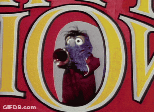 A Cartoon Character Is Holding A Trumpet In Front Of A Sign That Says Joy GIF