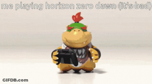 A Cartoon Character Is Holding A Video Game Controller And Says Me Playing Horizon Zero Dawn GIF