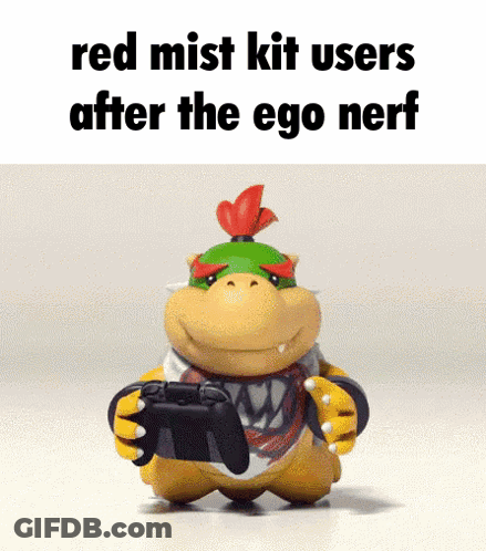 A Cartoon Character Is Holding A Video Game Controller And Says " Red Mist Kit Users After The Ego Nerf " . GIF