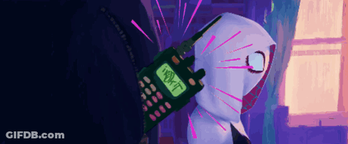 A Cartoon Character Is Holding A Walkie Talkie That Says " Work It " On It GIF