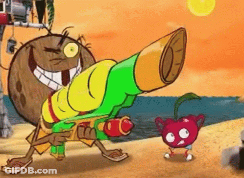 A Cartoon Character Is Holding A Water Gun While Another Character Looks Through A Telescope GIF