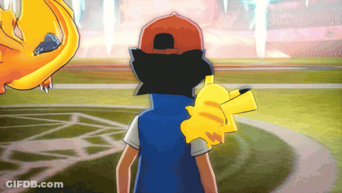 A Cartoon Character Is Holding A Yellow Pikachu On His Shoulder GIF