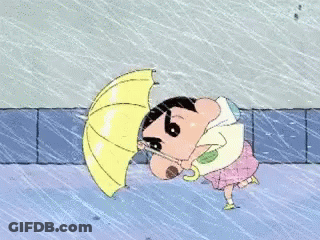 A Cartoon Character Is Holding A Yellow Umbrella While Walking In The Rain GIF