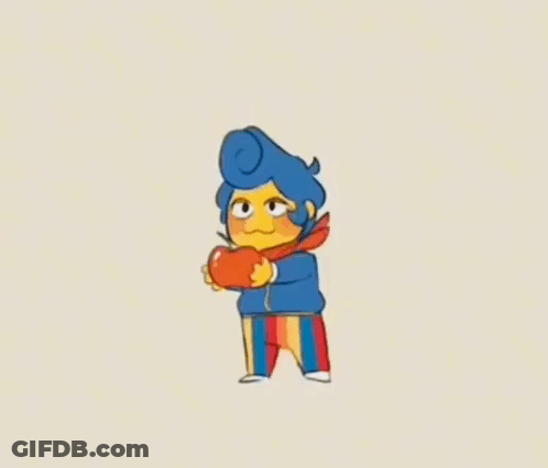 A Cartoon Character Is Holding An Apple On His Head While Dancing . GIF