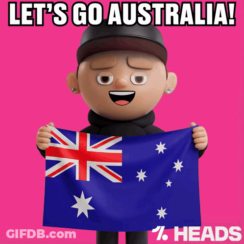 A Cartoon Character Is Holding An Australian Flag With The Words Let 'S Go Australia Below Him GIF