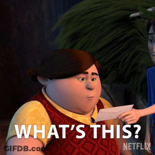 A Cartoon Character Is Holding An Envelope And Says " What 'S This " In White Letters GIF