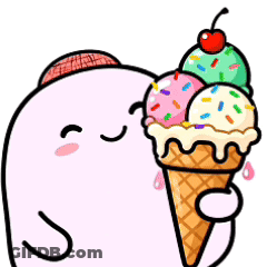 A Cartoon Character Is Holding An Ice Cream Cone With Three Scoops Of Ice Cream And A Cherry On Top . GIF