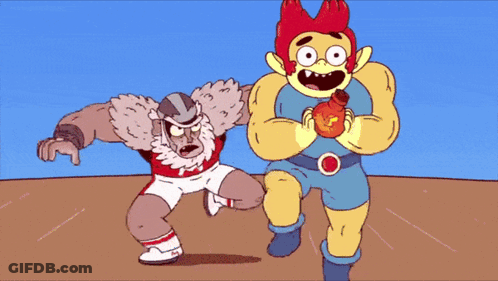 A Cartoon Character Is Holding Another Character 'S Arm With A Lightning Bolt On His Chest GIF