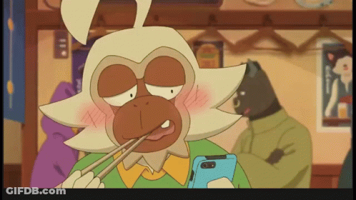A Cartoon Character Is Holding Chopsticks And Looking At A Phone GIF