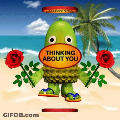 A Cartoon Character Is Holding Red Roses And Says Thinking About You GIF