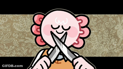 A Cartoon Character Is Holding Two Knives In His Mouth GIF