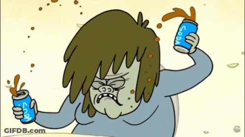 A Cartoon Character Is Holding Two Soda Cans In His Hands GIF