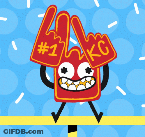A Cartoon Character Is Holding Up Foam Fingers That Say # 1 And Kc GIF