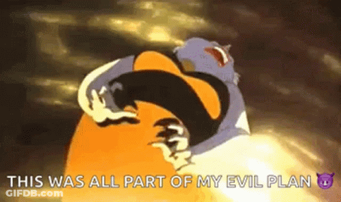 A Cartoon Character Is Hugging A Giant Orange Ball And Says `` This Was All Part Of My Evil Plan '' . GIF