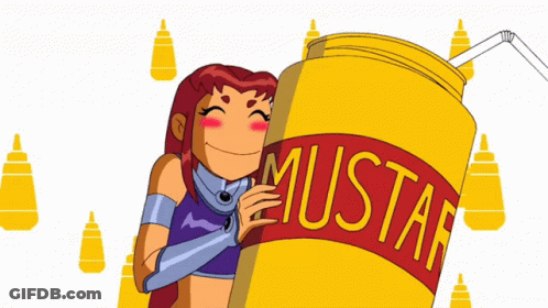 A Cartoon Character Is Hugging A Yellow Mustard Cup GIF