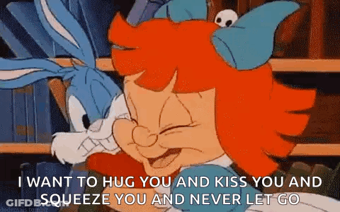 A Cartoon Character Is Hugging Another Cartoon Character In A Library . GIF