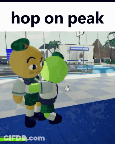 A Cartoon Character Is Hugging Another Cartoon Character With The Words Hop On Peak Above It GIF