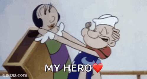 A Cartoon Character Is Hugging Another Cartoon Character With The Words " My Hero " Written On The Bottom GIF