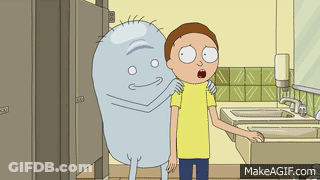 A Cartoon Character Is Hugging Another Character In A Bathroom With Makeagif.com At The Bottom GIF